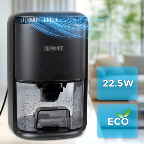 Duronic DH07 BK mini dehumidifier wattage shown and eco friendly sign