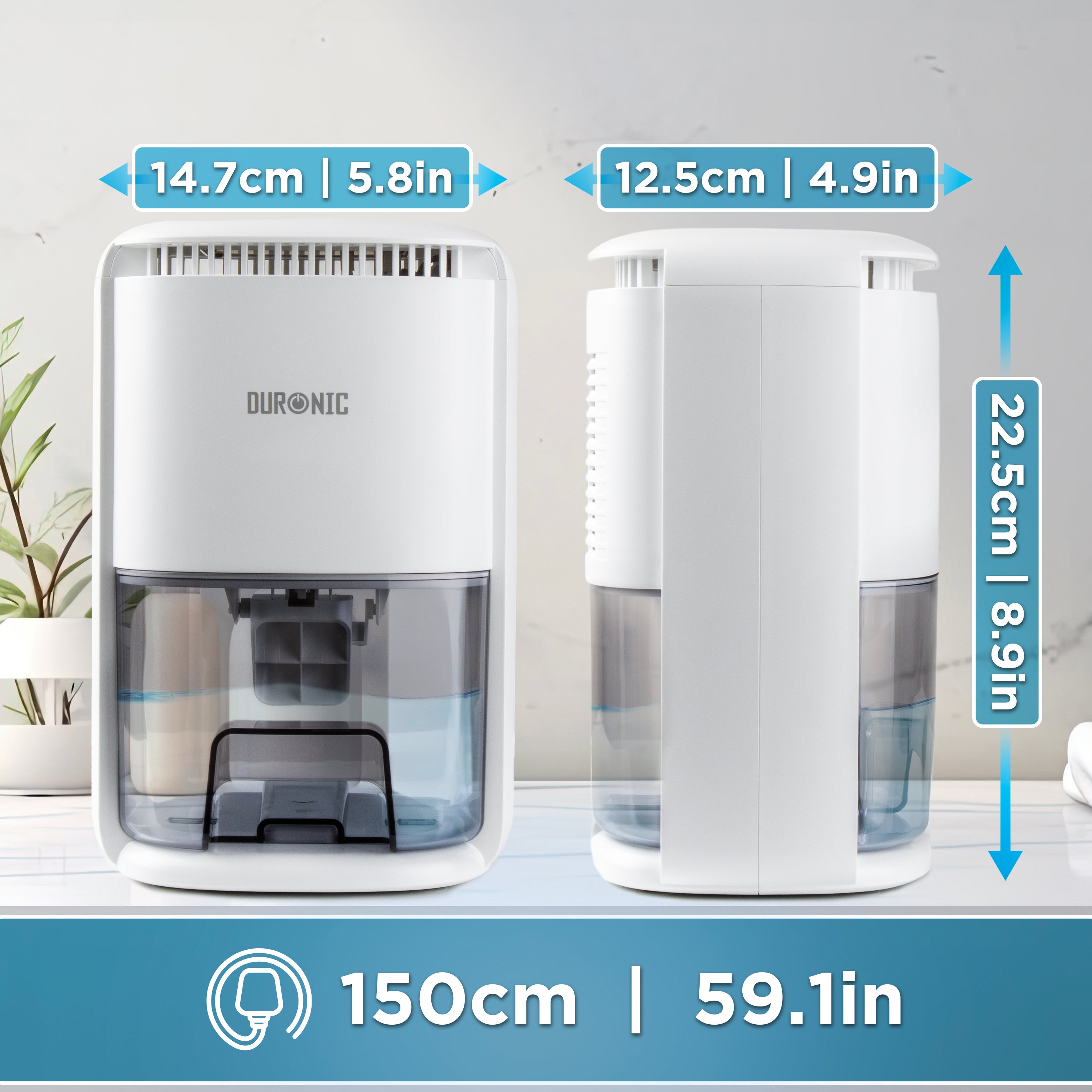 Duronic DH07 WE portable dehumidifier with specifications and cable length shown