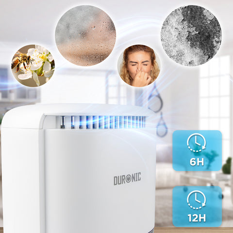 Duronic DH07 WE small dehumidifier improving indoor air quality to reduce allergens, dust, asthma, and mould spores