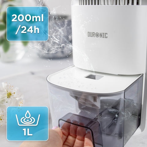 Duronic DH07 WE small dehumidifier removing up to 0.2L of moisture per 24 hours, with a 1L capacity