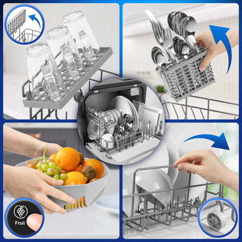 Duronic DW10 compact dishwasher showing loading trays for utensils, glass, cutlery, plates, bowls, and fruit