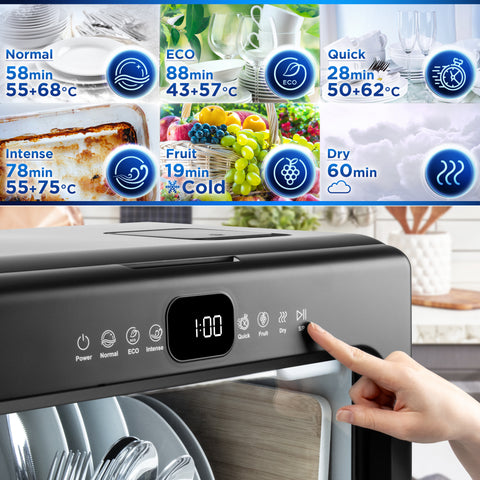 Duronic DW10 dishwasher showing control panel and various modes to use