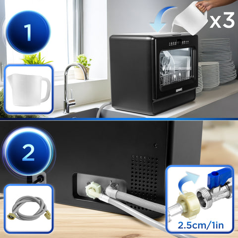 Duronic DW10 mini dishwasher showing setup and installation, to be filled with 3 jugs of water for use