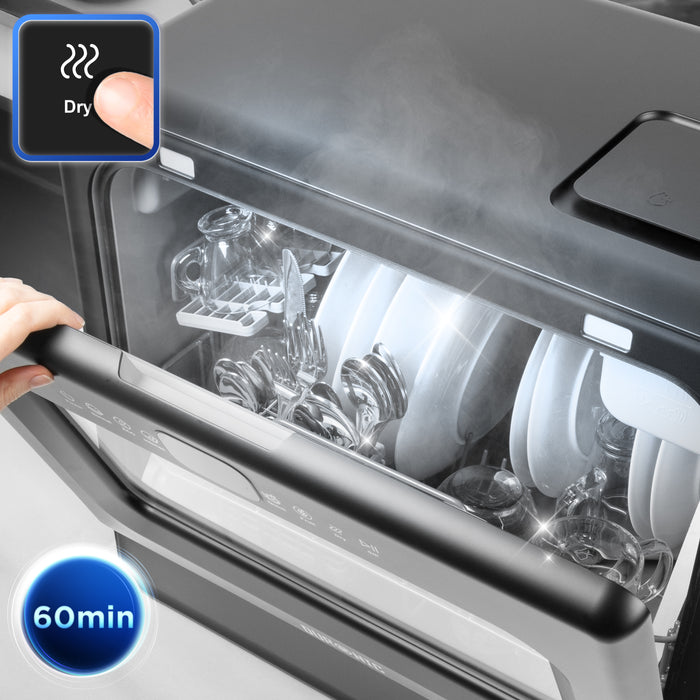 Duronic DW10 mini dishwasher with plates and utensils inside, highlighting a 60-minute drying cycle and a touch-control "Dry" function