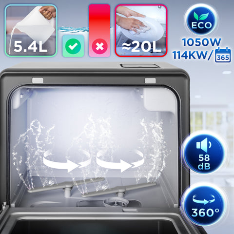 Duronic DW10 portable dishwasher showing interior and cycles of washing with annual energy consumption