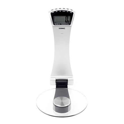 Duronic Digital Kitchen Scale featuring a round glass platform and an upright LCD display.