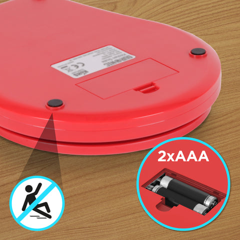 Duronic Digital Kitchen Scale showing anti-slip rubber feet and two AAA battery slots.