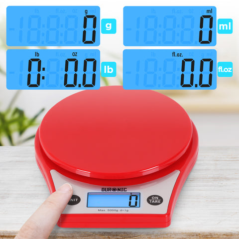 Duronic Digital Kitchen Scale showing multiple unit measurement modes on blue backlit LCD displays.