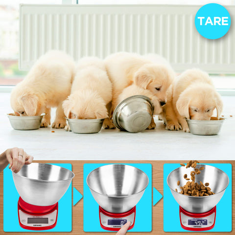 Duronic Digital Kitchen Scale with golden Retriever puppies eating from bowls