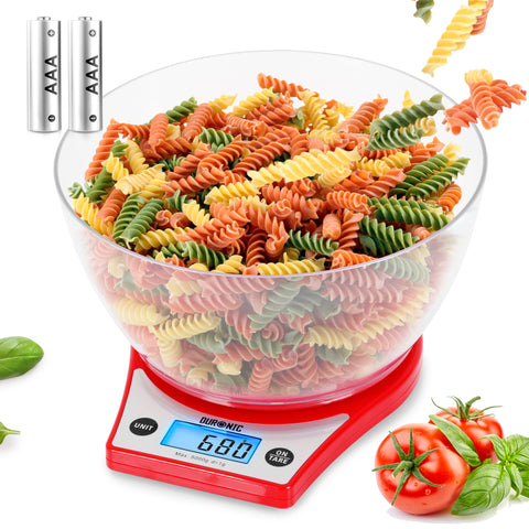 Duronic Digital Kitchen Scale weighing a clear bowl of multicolored pasta on white background.