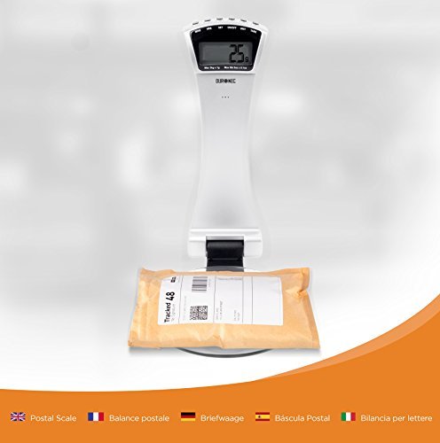 Duronic Digital Kitchen Scale weighing an orange envelope package, displaying a weight of 25g.