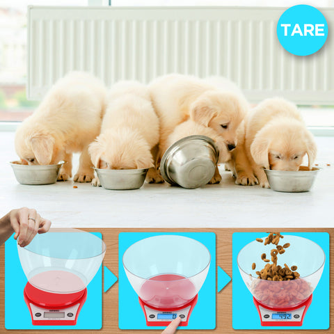 Duronic Digital Kitchen Scale with Golden retriever puppies eating from bowls