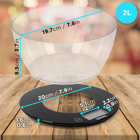 Duronic Digital Kitchen Scale with a clear plastic mixing bowl showing detailed product dimensions.