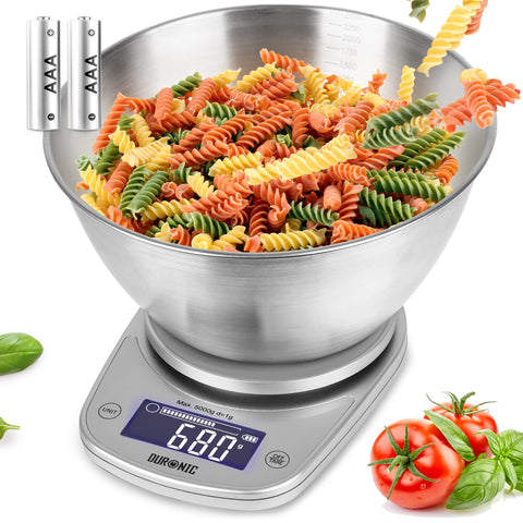 Duronic Digital Kitchen Scale with stainless steel bowl, measuring tri-color rotini pasta, including AAA batteries.