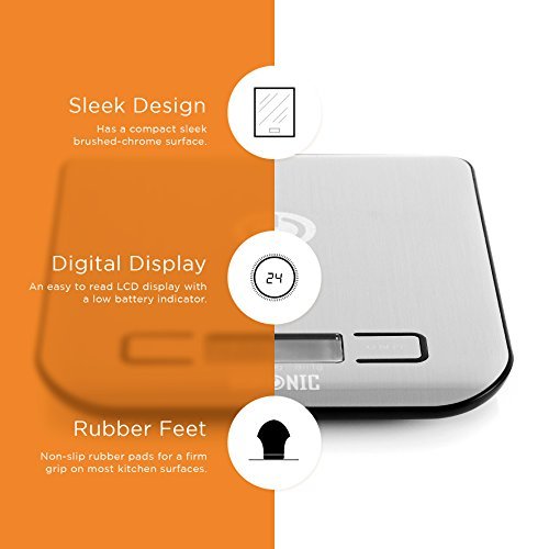 Duronic Digital Kitchen Scales featuring a sleek design, LCD display, and non-slip rubber feet.