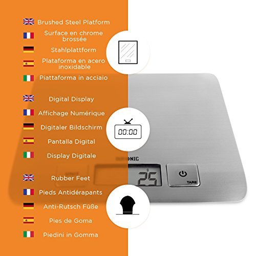 Duronic Digital Kitchen Scales infographic highlighting its platform, digital display, and rubber feet features.