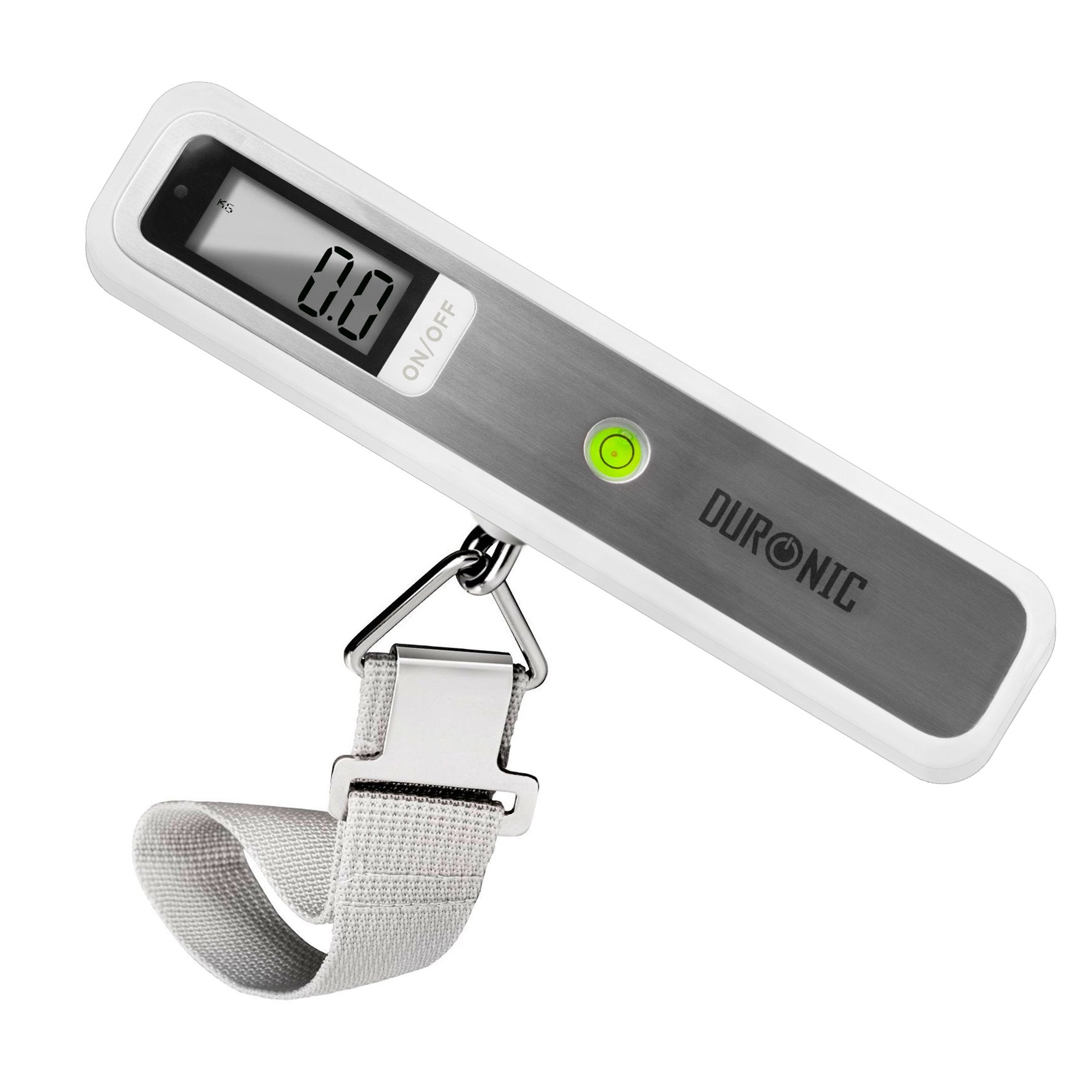 Duronic Digital Luggage Scales featuring an LCD display, brushed metal finish, and hanging grey strap. 