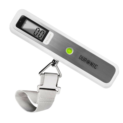 Duronic Digital Luggage Scales featuring an LCD display, brushed metal finish, and hanging grey strap. 