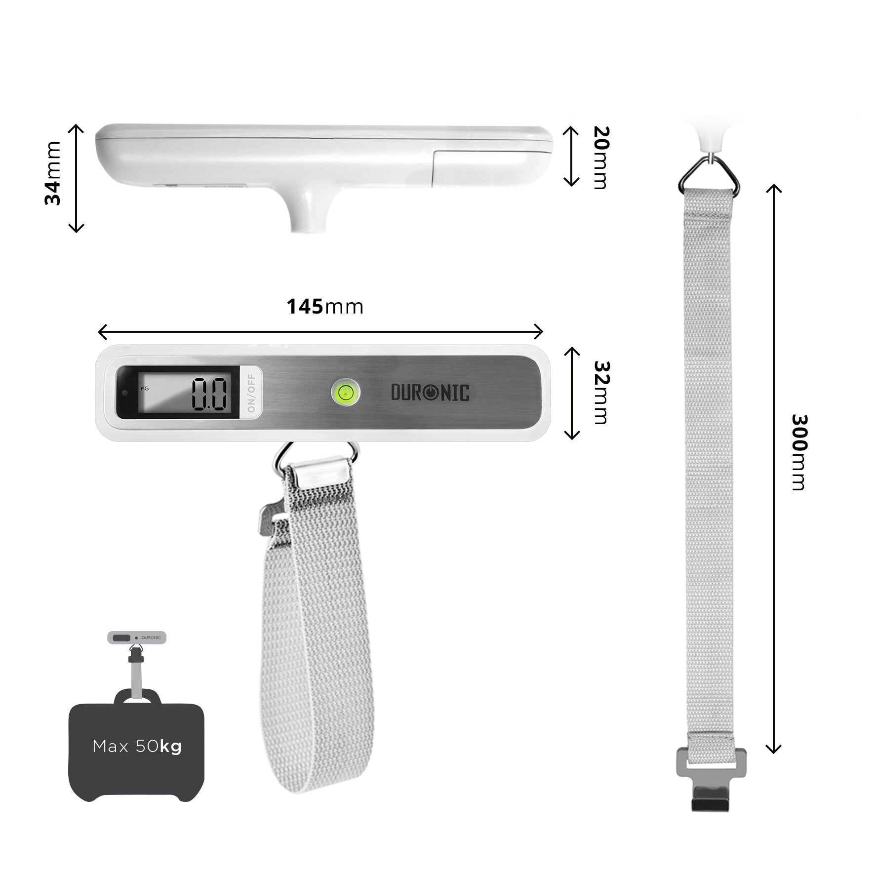Duronic Digital Luggage Scales showing product dimensions, strap length, and 50kg maximum weight capacity.