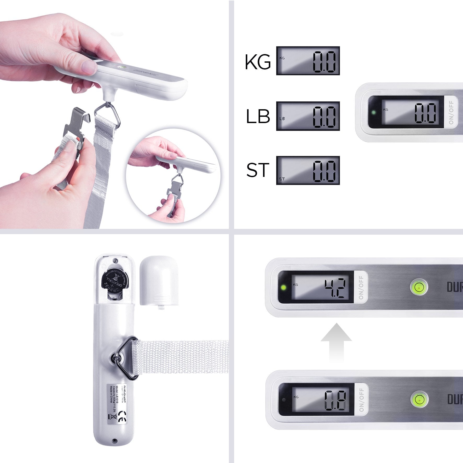 Duronic Digital Luggage Scales showing strap attachment, unit options in kg/lb/st, and weight lock display.