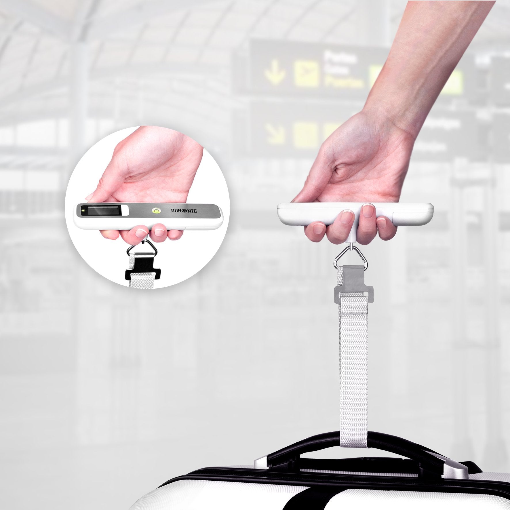 Duronic Digital Luggage Scales weigh a suitcase in an airport terminal.