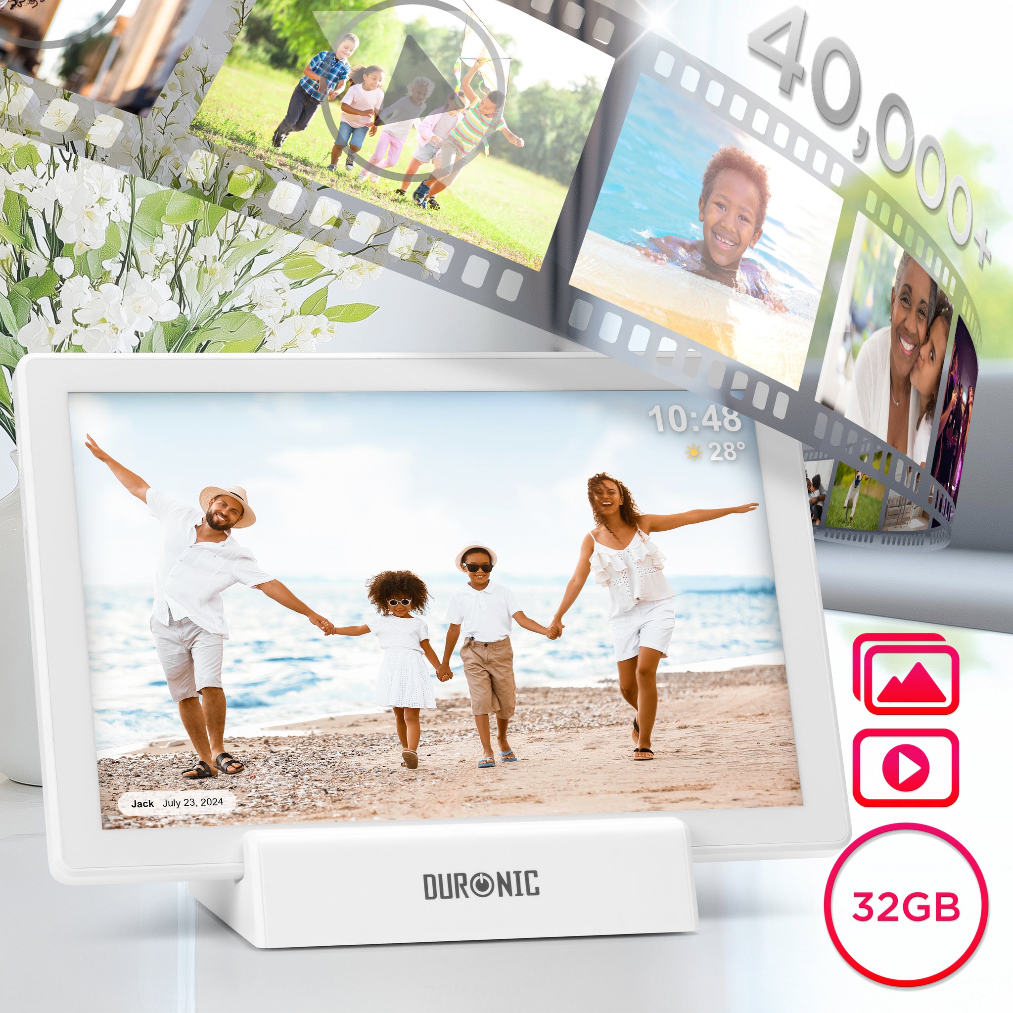 Duronic Digital Photo Frame highlighting its 40,000+ image capacity and video playback features.