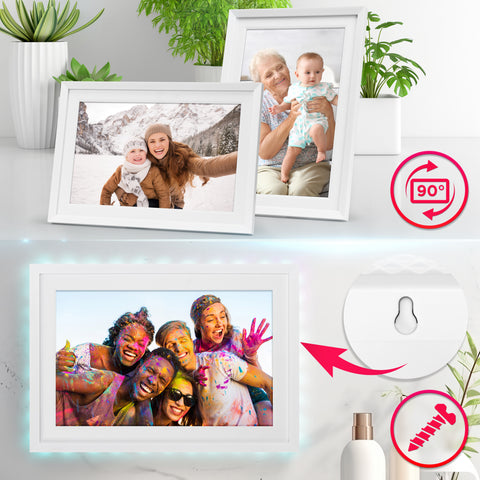 Duronic Digital Photo Frame displayed in portrait or landscape orientation on a tabletop or mounted to a wallport, 128GB Micro SD slot