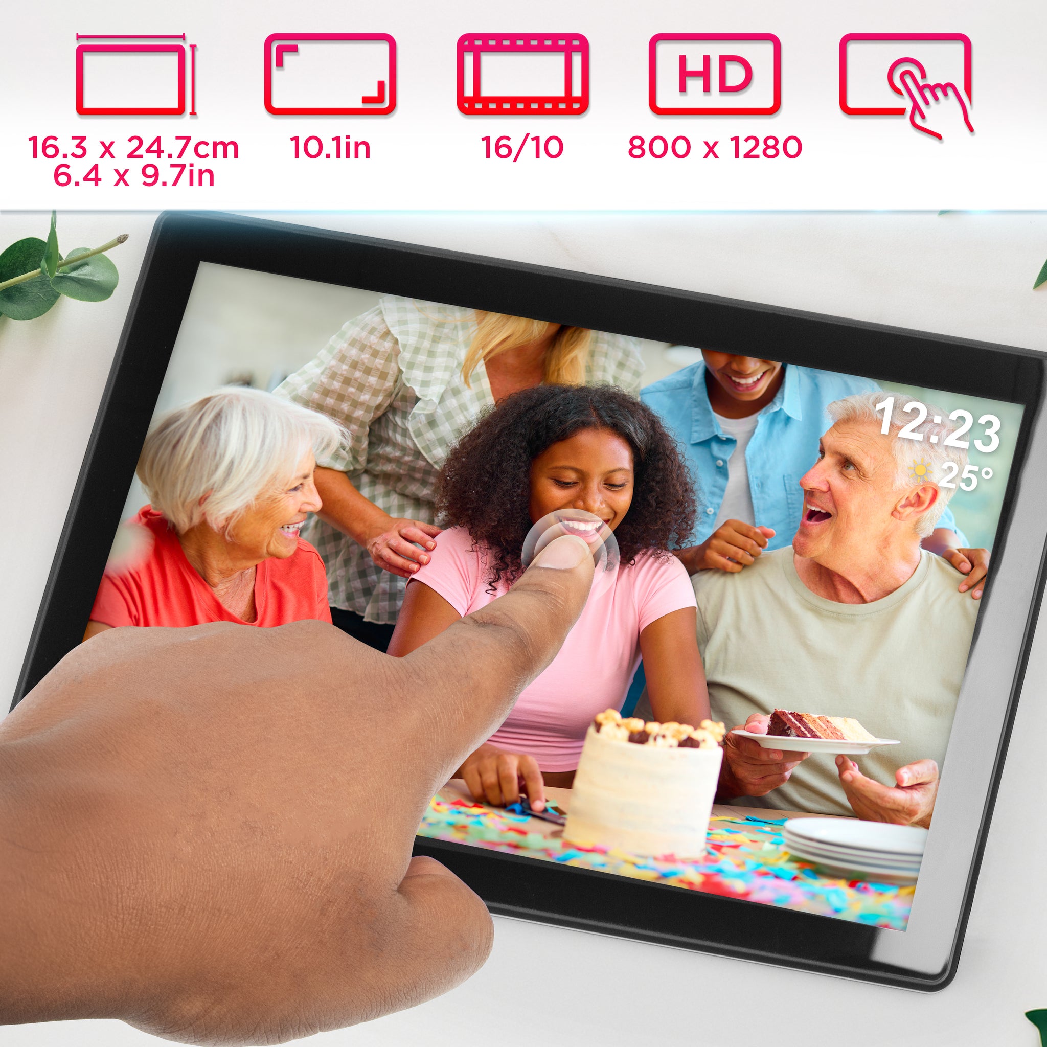 Duronic Digital Photo Frame displaying a family birthday celebration, highlighting its 16:10 aspect ratio and 800 x 1280 resolution.