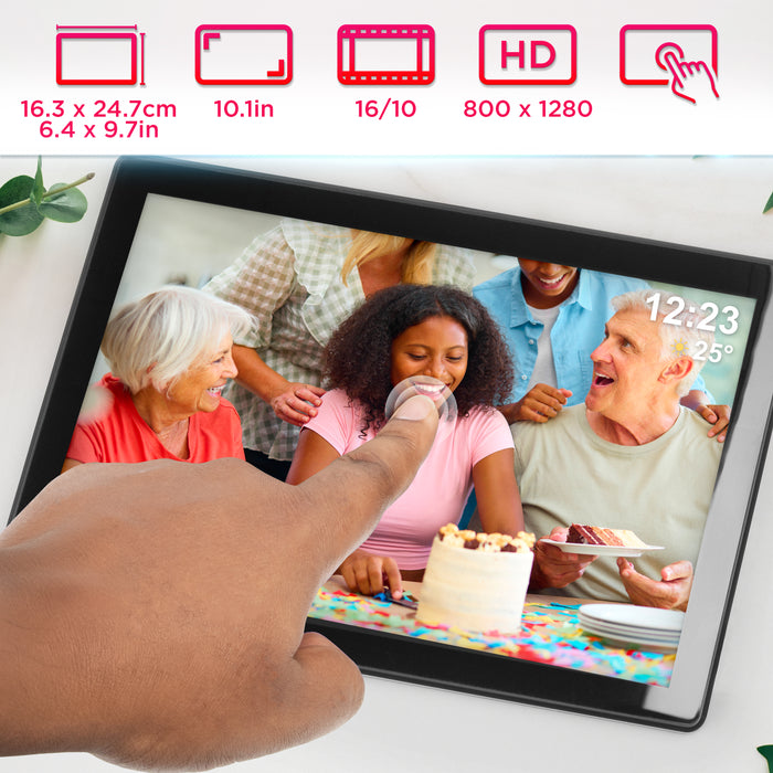 Duronic Digital Photo Frame displaying a family birthday celebration, highlighting its 16:10 aspect ratio and 800 x 1280 resolution.