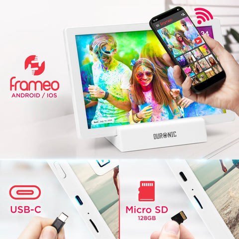 Duronic Digital Photo Frame featuring Frameo app compatibility for Android and iOS, a USB-C port, and a Micro SD slot supporting up to 128GB.