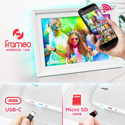 Duronic Digital Photo Frame featuring a color-powder festival image, highlighting its USB-C charging port, 128GB Micro SD slot