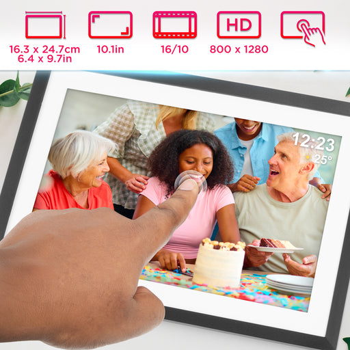Duronic Digital Photo Frame featuring a touchscreen display, 800 x 1280 HD resolution, and a 16:10 aspect ratio for viewing family photos.