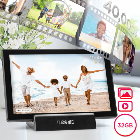 Duronic Digital Photo Frame highlighting its 40,000+ image capacity and video playback features.