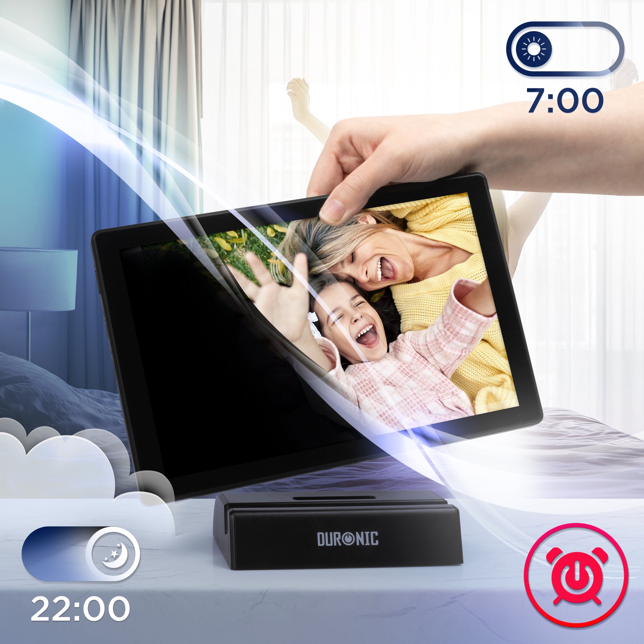 Duronic Digital Photo Frame highlighting the device's auto-dimming sleep timer and wake-up alarm functions for a bedside table.