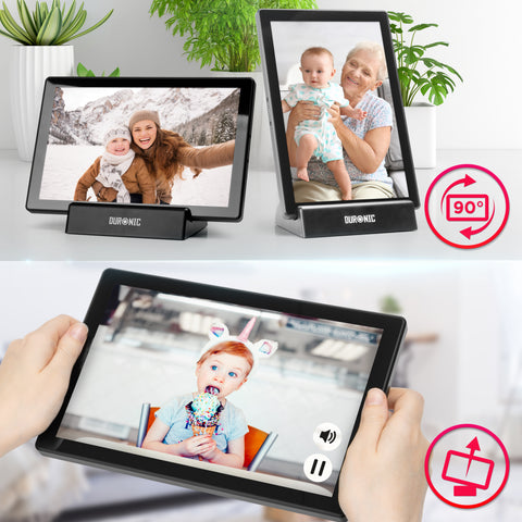 Duronic Digital Photo Frame shown in both landscape and portrait orientations