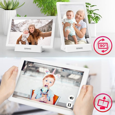 Duronic Digital Photo Frame shown in both landscape and portrait orientations on a desk