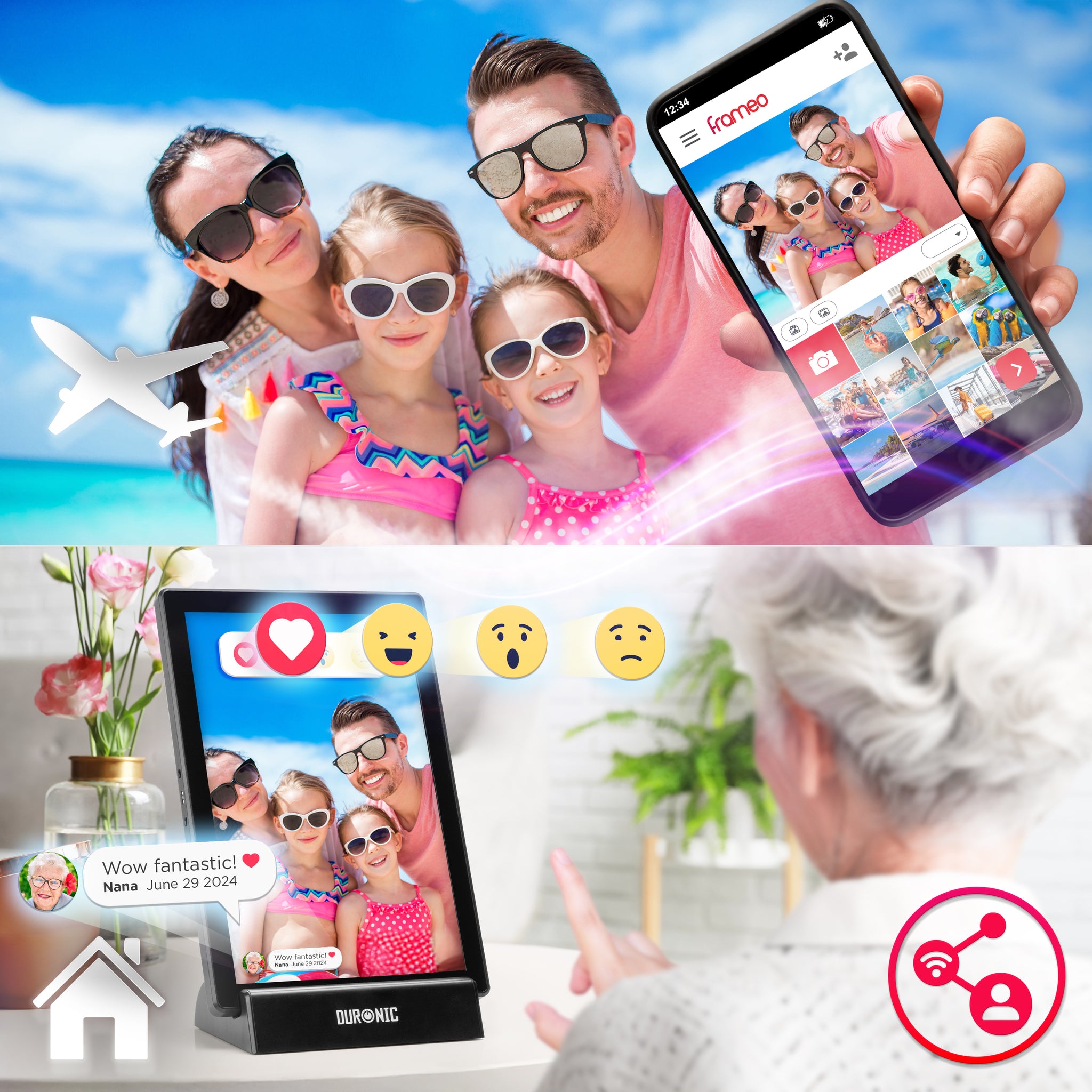 Duronic Digital Photo Frame uses the Frameo app on a smartphone to instantly share photos