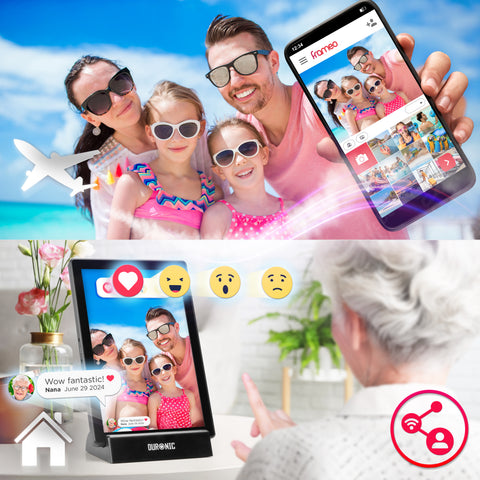 Duronic Digital Photo Frame uses the Frameo app on a smartphone to instantly share photos