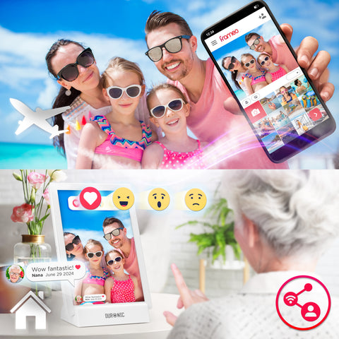 Duronic Digital Photo Frame uses the Frameo app on a smartphone to instantly share vacation photos