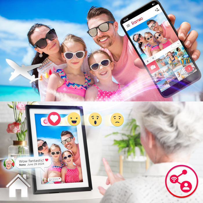Duronic Digital Photo Frame uses the Frameo app to instantly share photos and emoji reactions from their smartphone to a Wi-Fi-enabled digital photo frame at home.