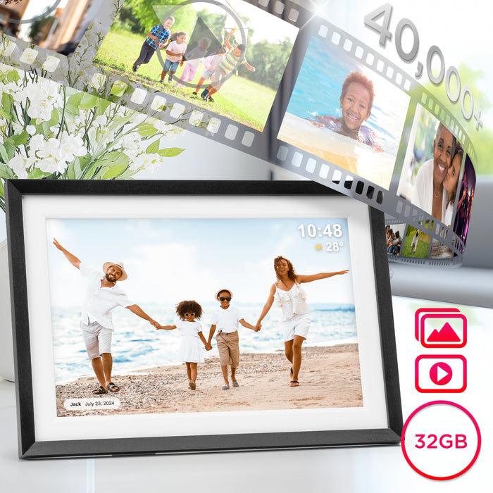 Duronic Digital Photo Frame with 32GB storage, featuring a high-resolution display showing a family on a beach with a film-strip graphic illustrating its 40,000+ photo and video capacity.