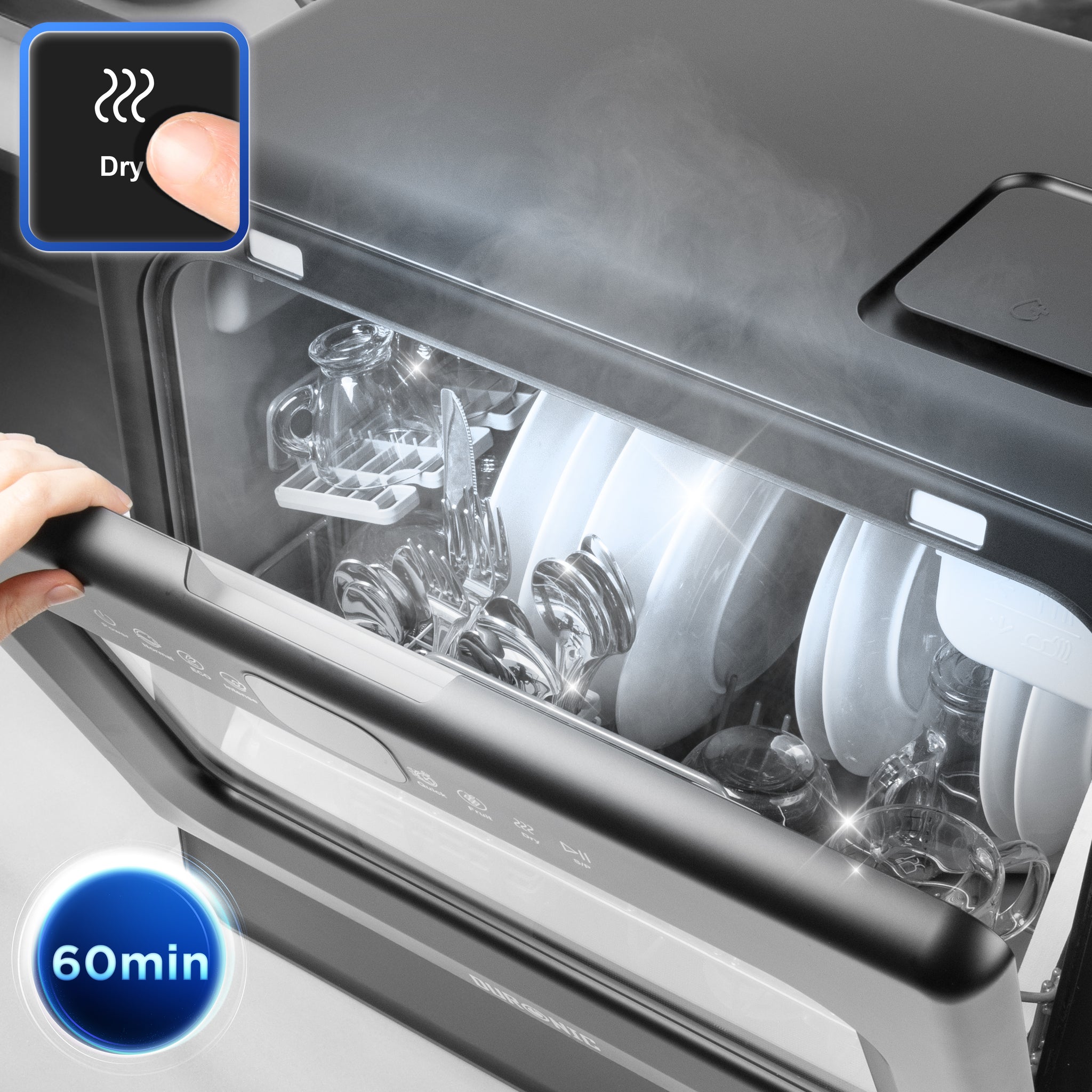 Duronic Dishwasher DW5 with steaming dishes inside, highlighting a 60-minute drying cycle and a touch-control 