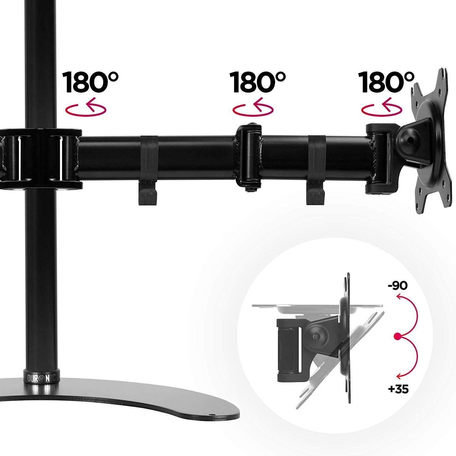 Duronic Dual Monitor Arm Stand Desk Mount showing 180-degree swivel points and a -90 to +35 tilt range.