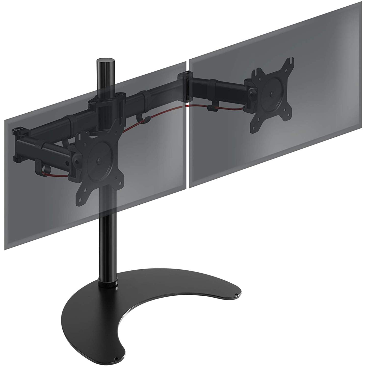 Duronic Dual Monitor Arm Stand Desk Mount with an adjustable arm and a freestanding, heavy-duty U-shaped base.