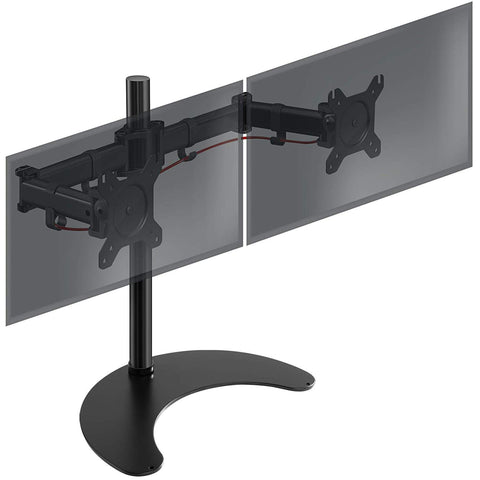 Duronic Dual Monitor Arm Stand Desk Mount with an adjustable arm and a freestanding, heavy-duty U-shaped base.