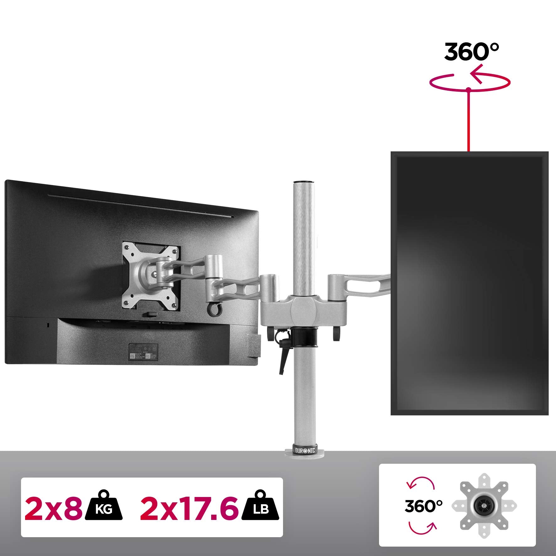 Duronic Dual Monitor Stand holding two computer screens with 360 degree rotation capability.
