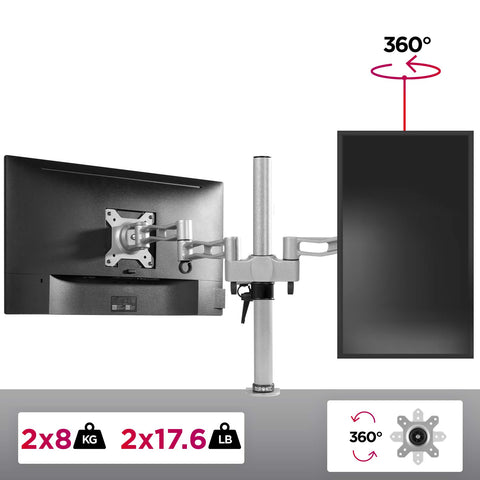 Duronic Dual Monitor Stand holding two computer screens with 360 degree rotation capability.