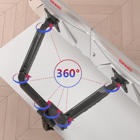 Duronic Dual Monitor Stand showing 360-degree rotation capabilities at every joint