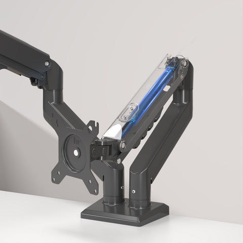 Duronic Dual Monitor Stand with a matte black finish, featuring a cutaway view of the internal blue gas spring mechanism used for height adjustment.