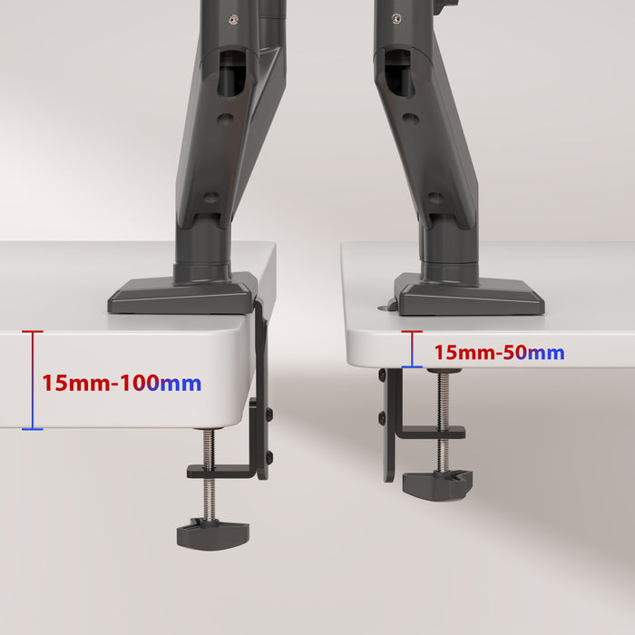 Duronic Dual Monitor Stand with adjustable desk clamp for a monitor arm, illustrating its compatibility with desk thicknesses